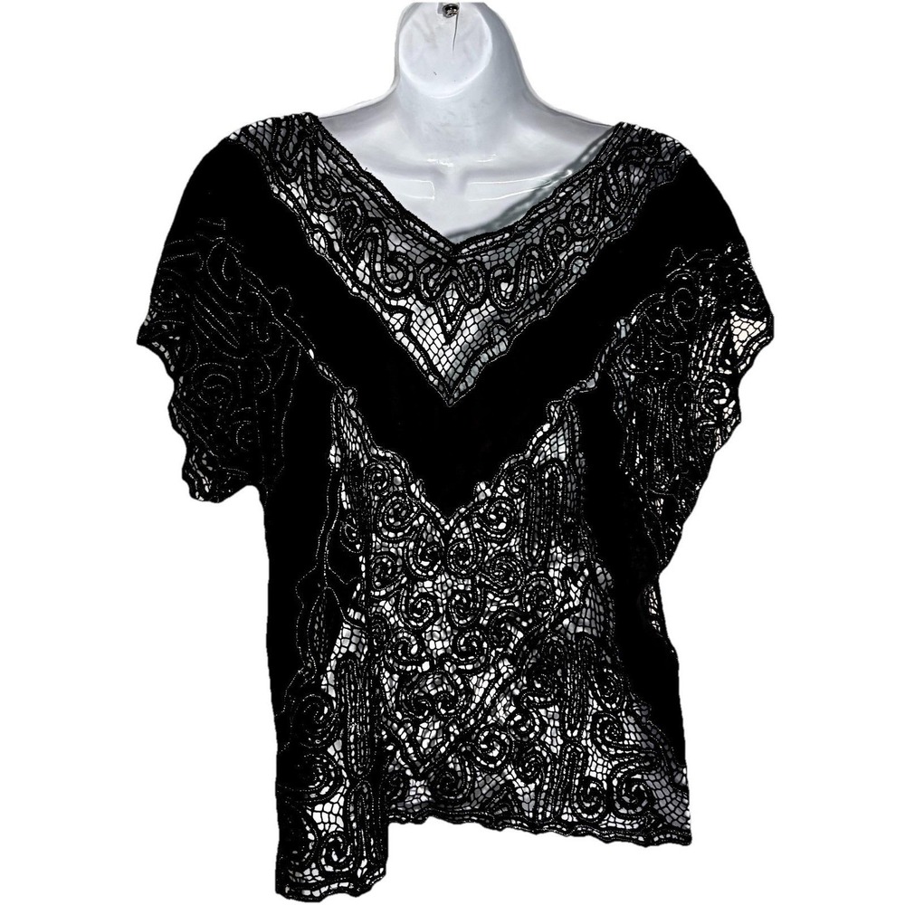 Vintage Black 100% Silk Beaded Sequin Top Blouse Short Sleeve Formal